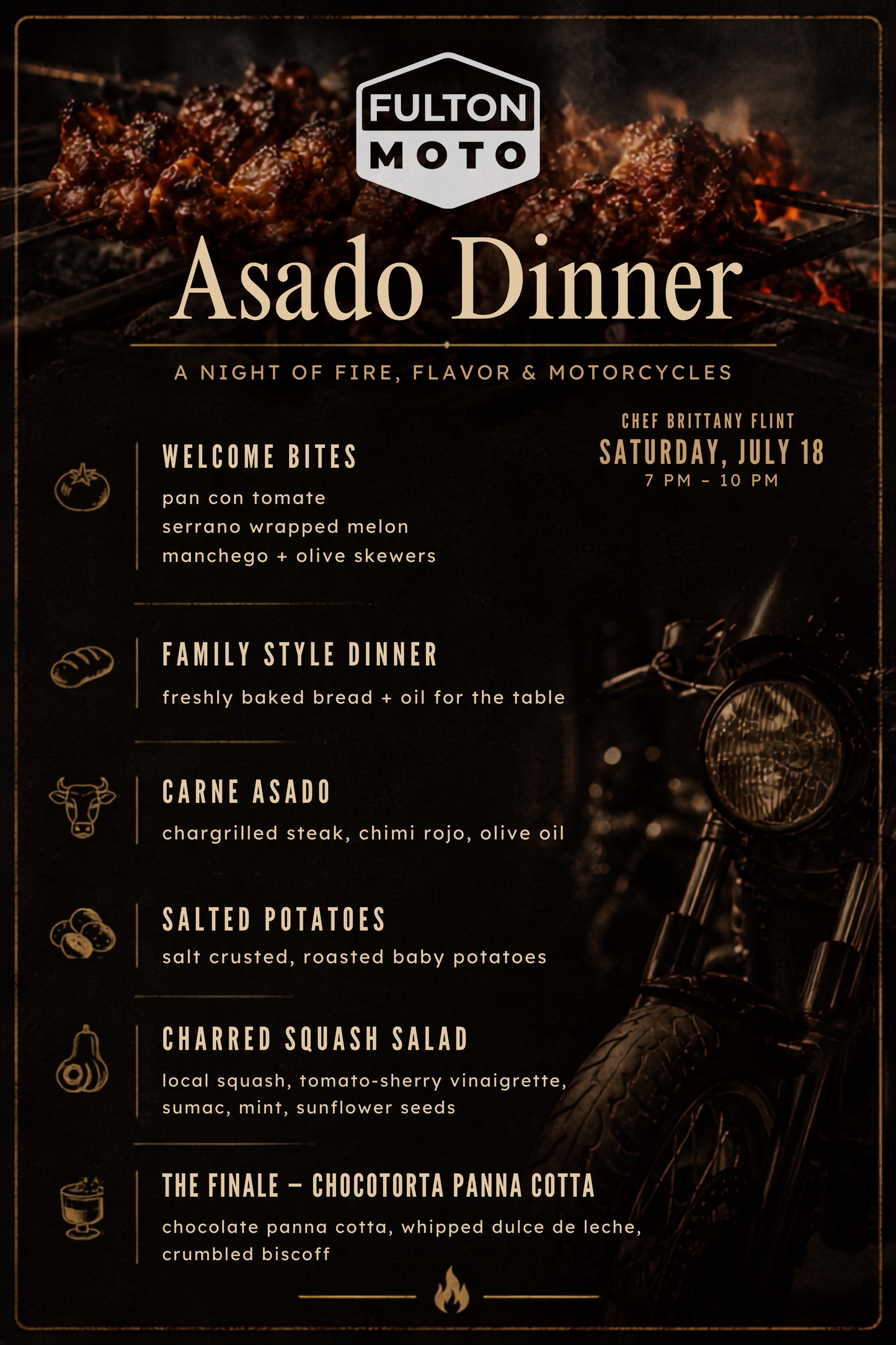 Private Chef Asado Dinner at Fulton Moto