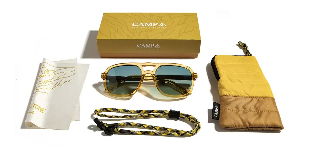 CAMP Glacier Sunglasses - Yellowstone Engraved Edition: Sap / Walnut Engraved / Basic Polarized Sky
