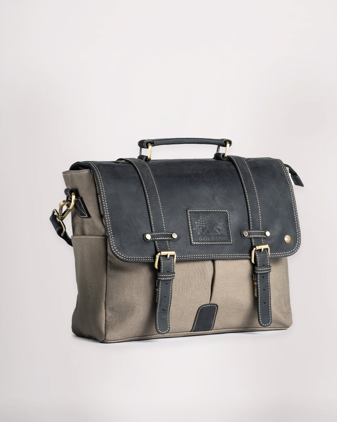 Canvas & Leather Messenger Bag - Slate Grey & Black