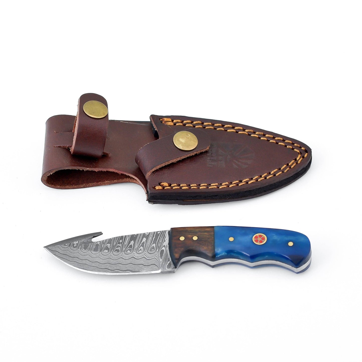 Damascus Skinning, Gut hook, + Hunting Knife Blue