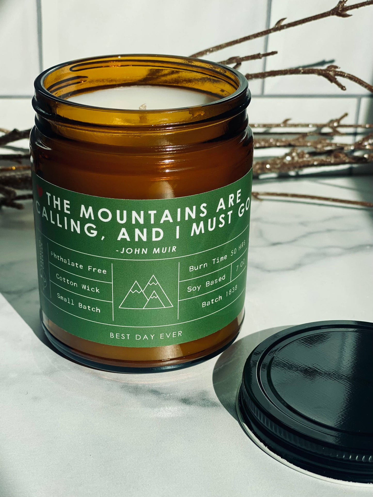 The Mountains Are Calling, And I Must Go (John Muir) Candle: Forest Green / Amber / Amber & Driftwood