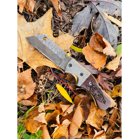 Damascus Folding Knife Wolf Engraved Limited Run