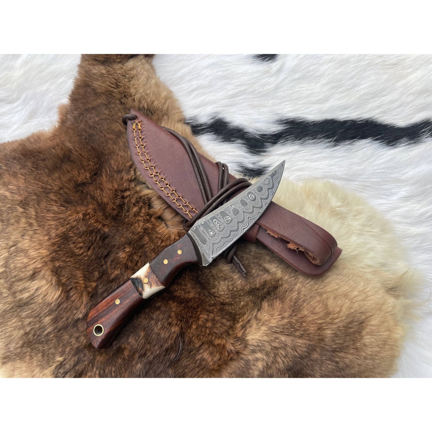 Damascus Steel Skinner Knife with Rosewood & Stag Grip