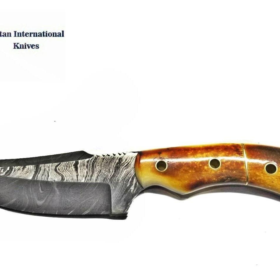Damascus Hunting Knife Burnt Bone Handle