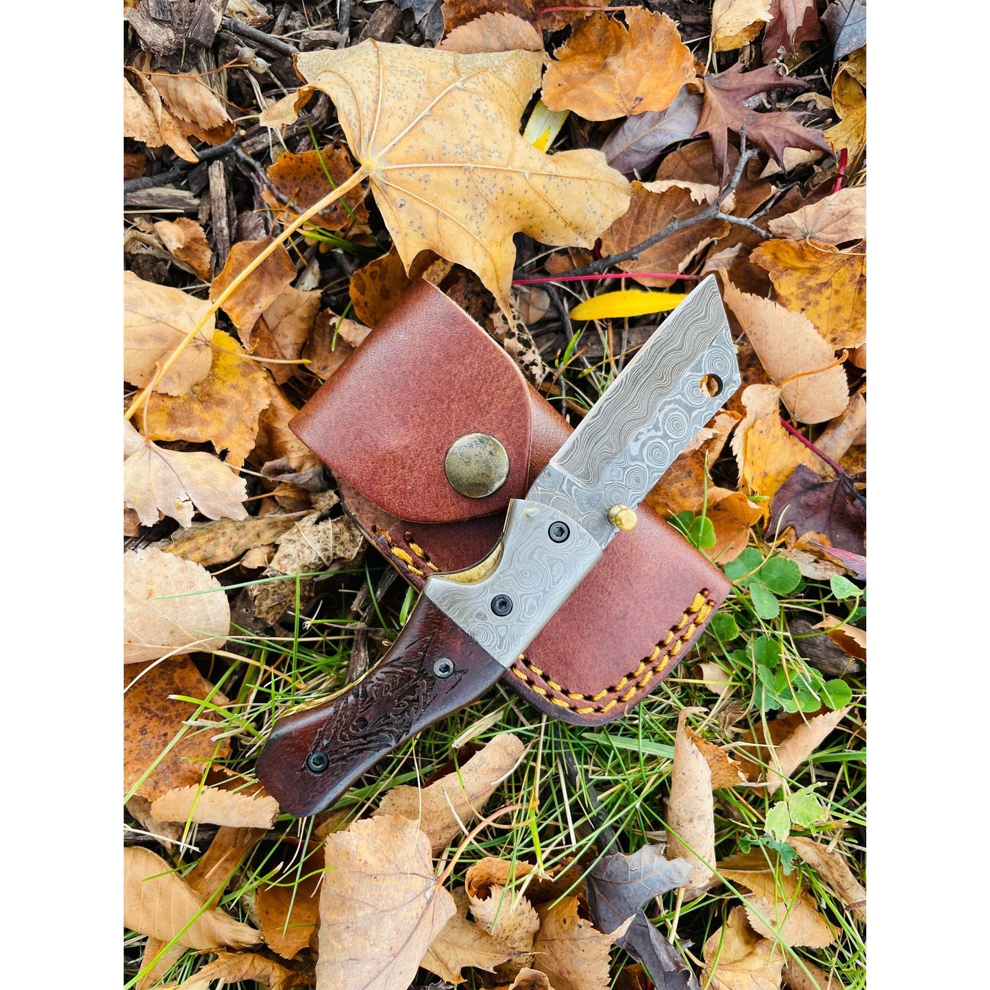 Damascus Folding Knife Wolf Engraved Limited Run