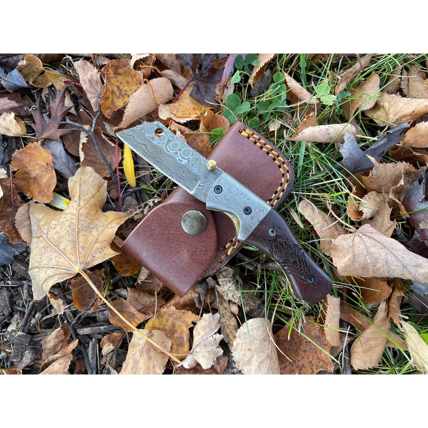 Damascus Folding Knife Wolf Engraved Limited Run