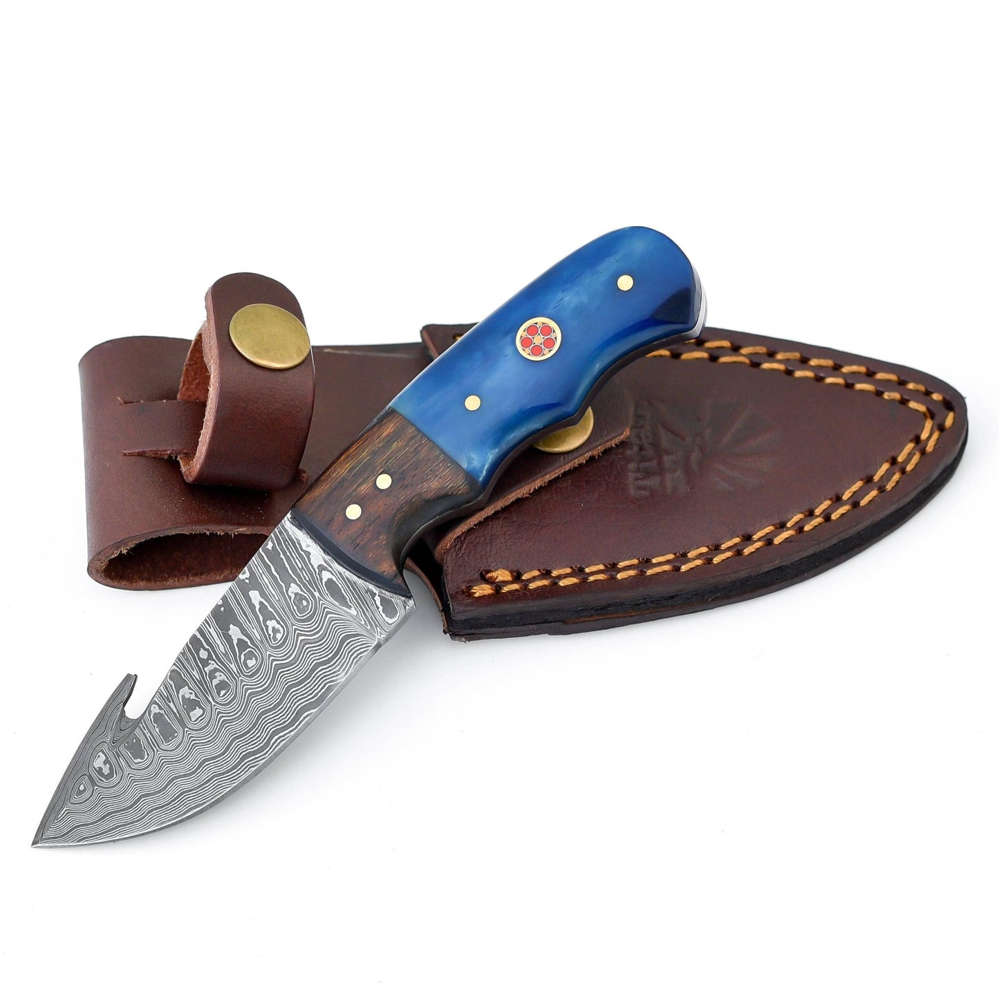 Damascus Skinning, Gut hook, + Hunting Knife Blue
