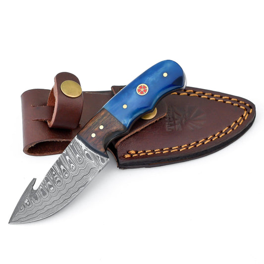 Damascus Skinning, Gut hook, + Hunting Knife Blue