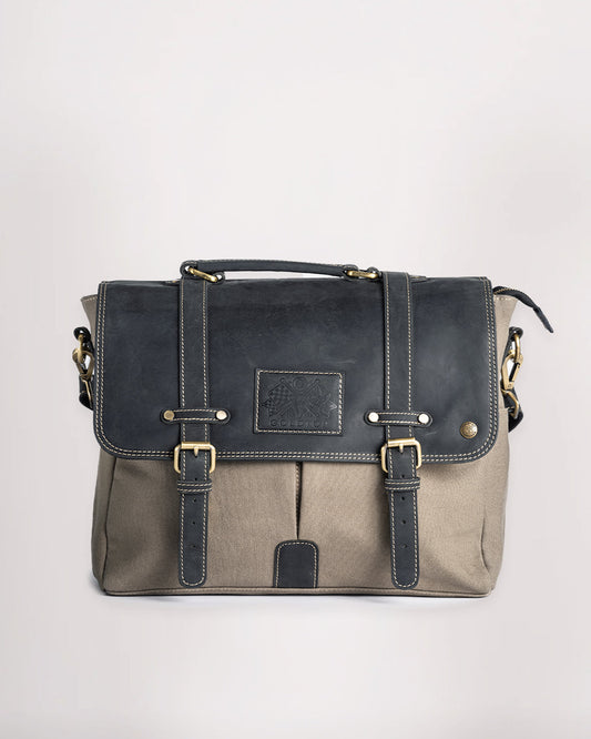 Canvas & Leather Messenger Bag - Slate Grey & Black