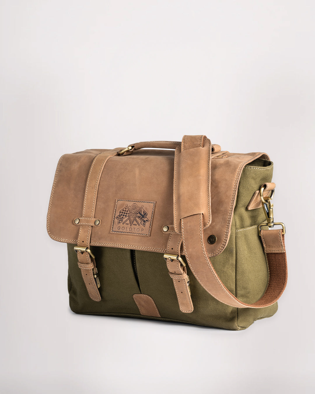 Canvas & Leather Messenger Bag - Olive Green & Light Tan