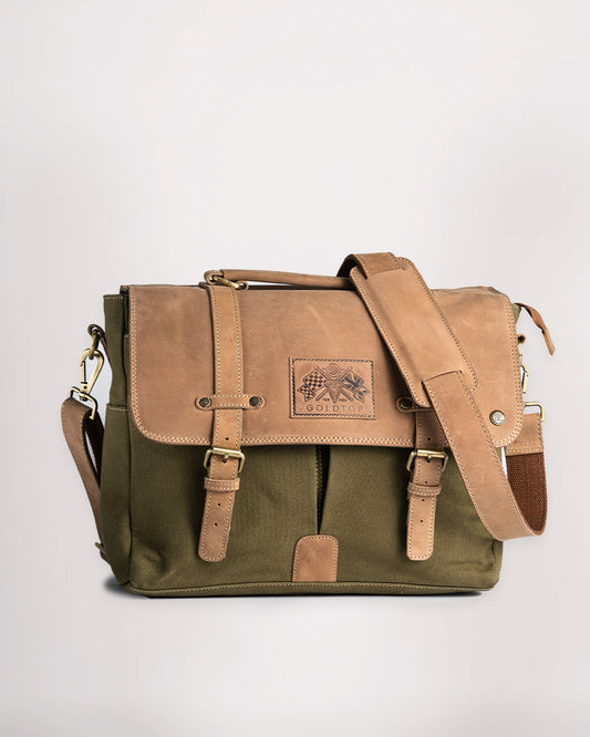 Canvas & Leather Messenger Bag - Olive Green & Light Tan