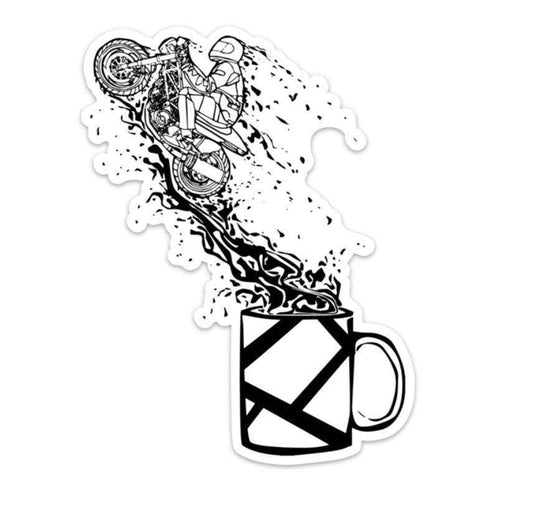 Motorcycle Rider Jumping From A Full Coffee Cup Vinyl Sticker