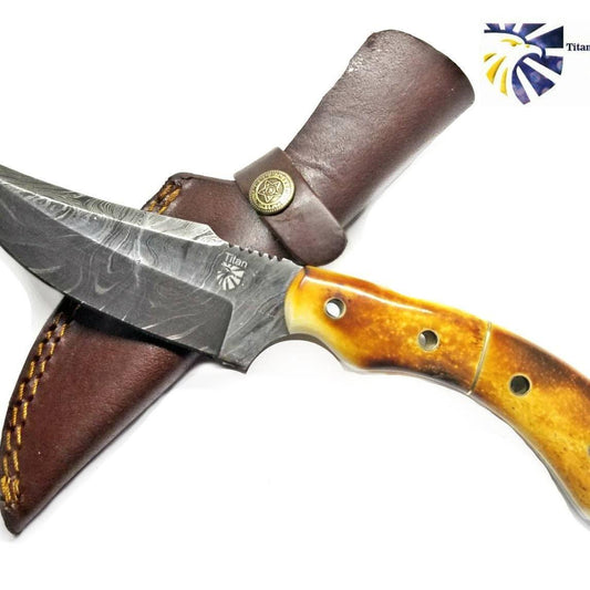 Damascus Hunting Knife Burnt Bone Handle