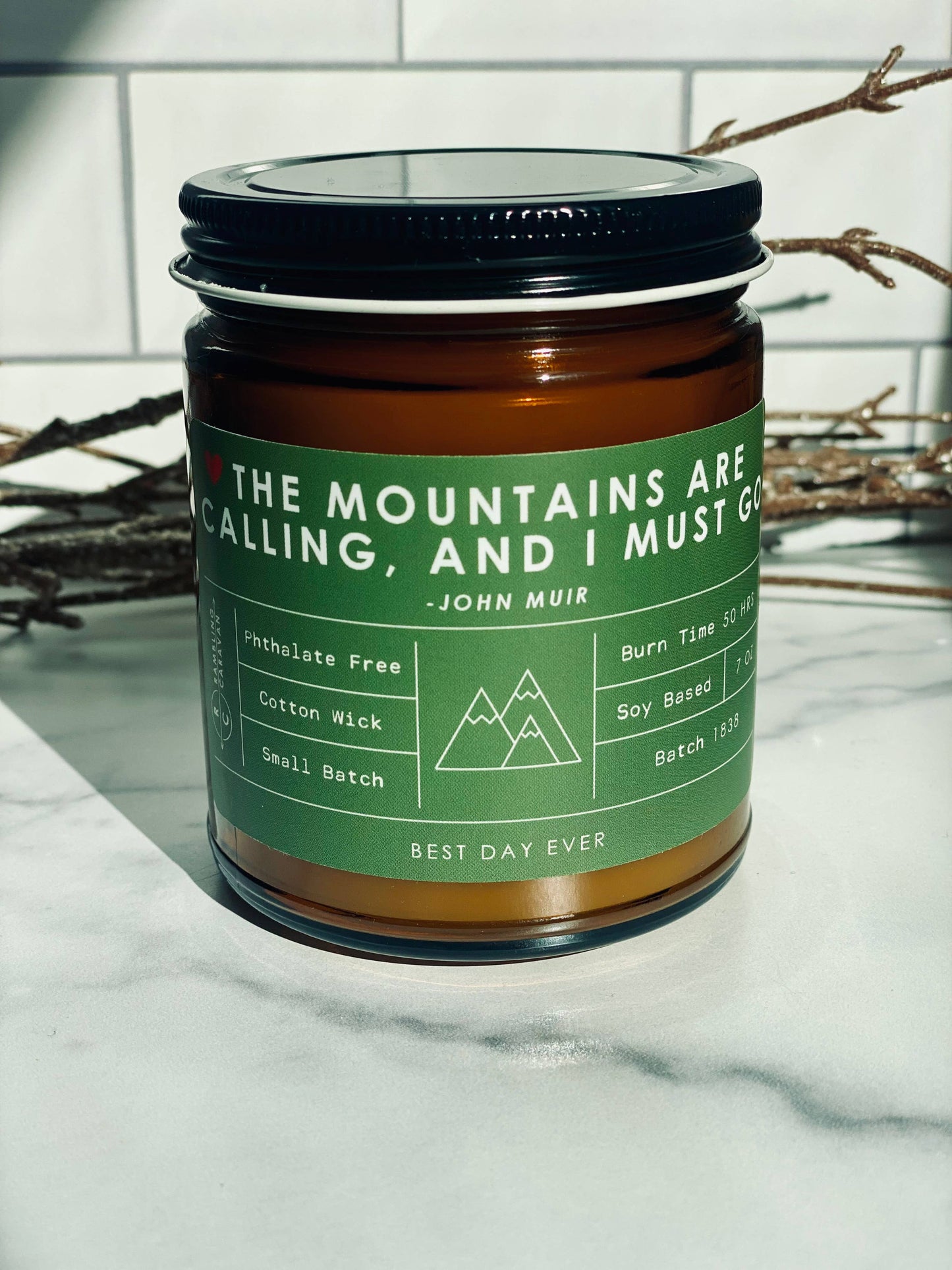 The Mountains Are Calling, And I Must Go (John Muir) Candle: Forest Green / Amber / Amber & Driftwood