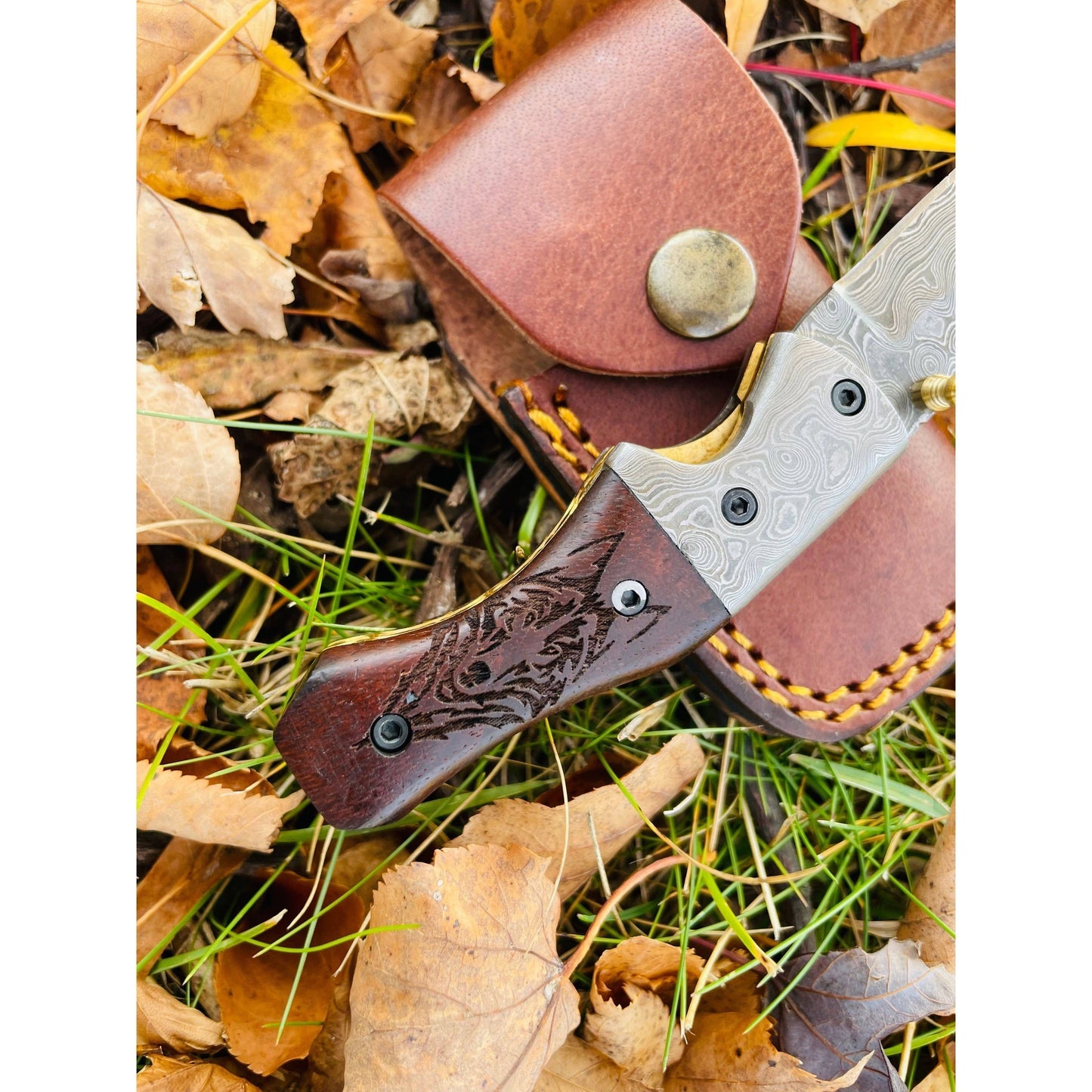 Damascus Folding Knife Wolf Engraved Limited Run