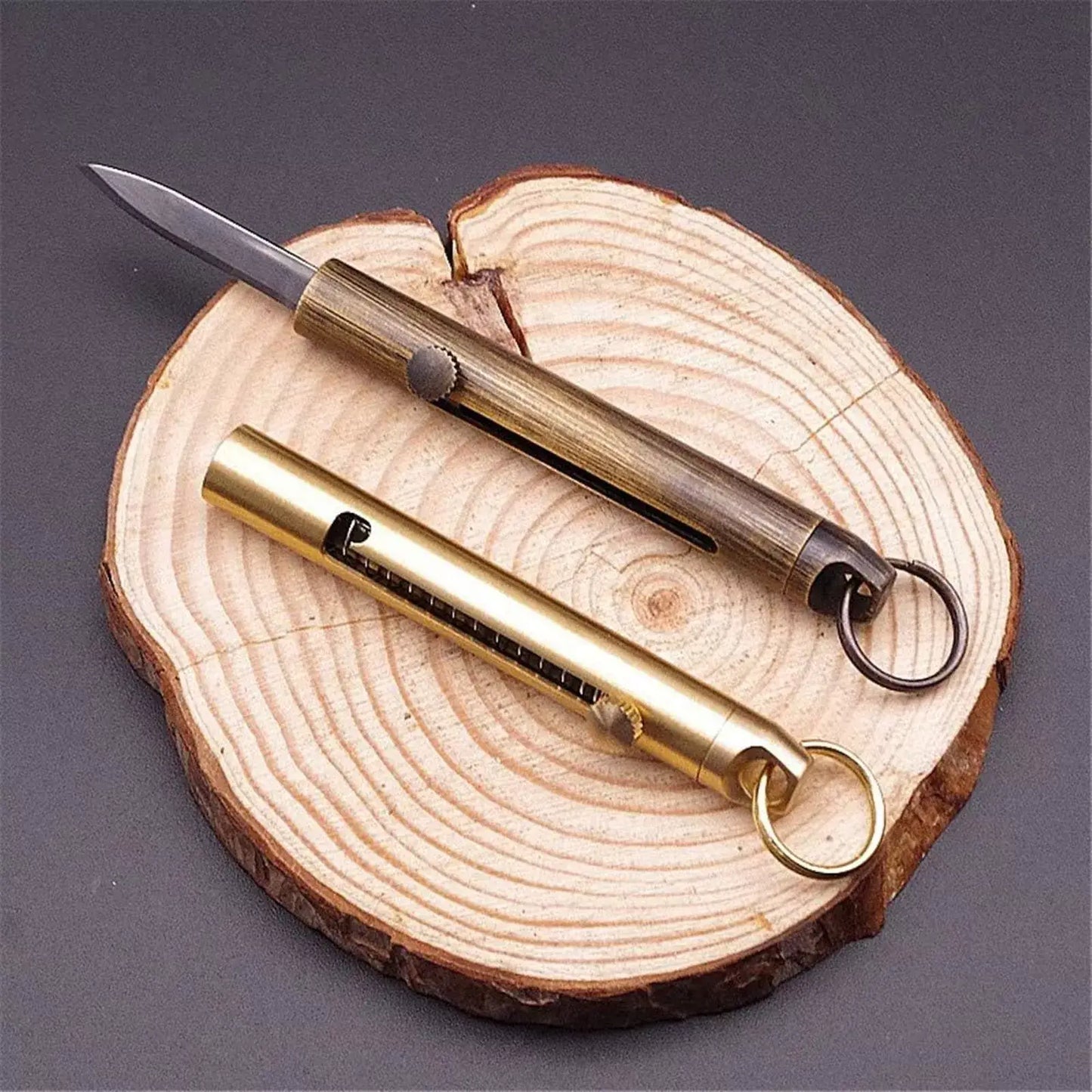 Brass Keychain Pocket Knife Twist Bolt Open: Bronze