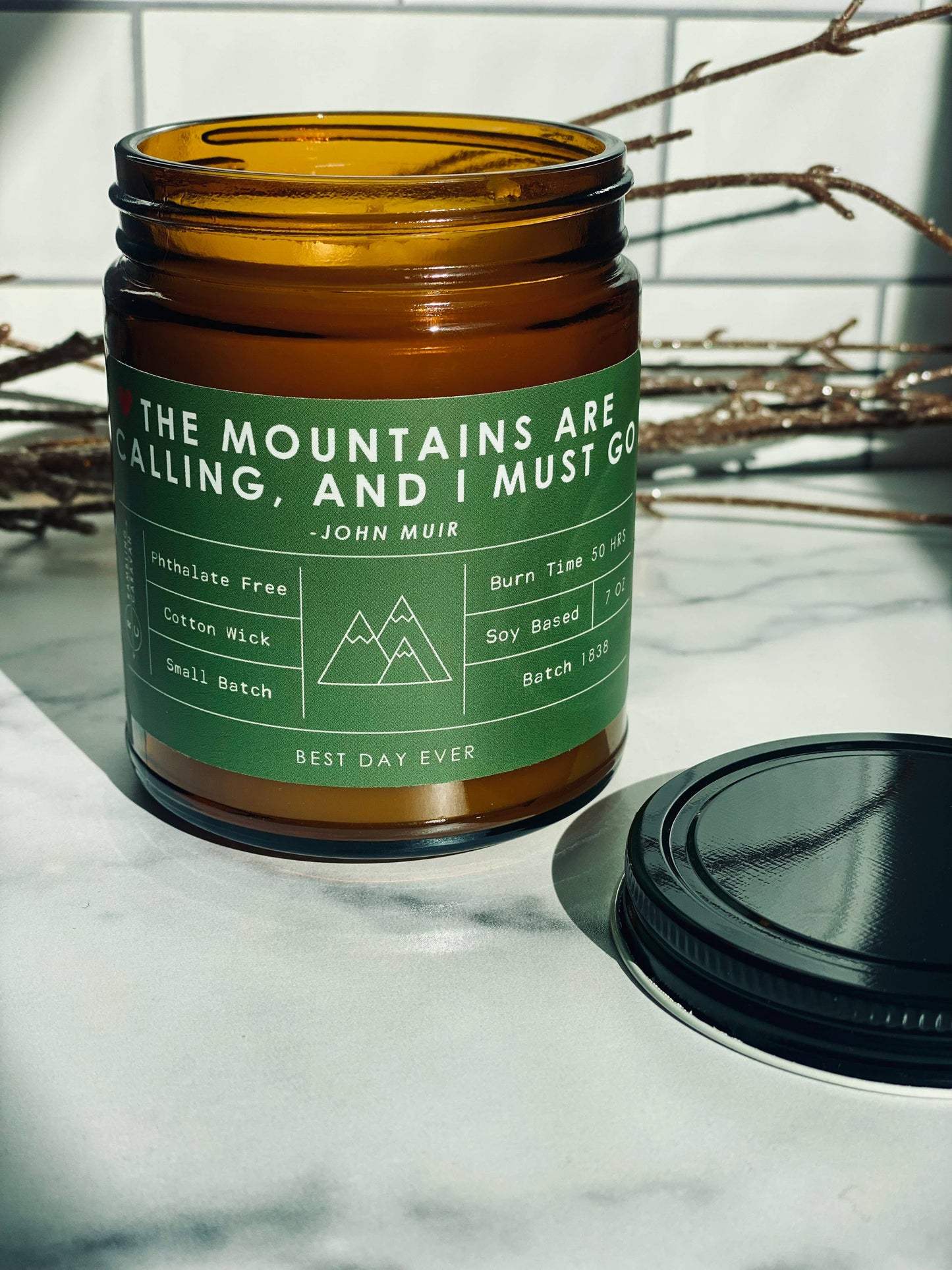 The Mountains Are Calling, And I Must Go (John Muir) Candle: Forest Green / Amber / Amber & Driftwood